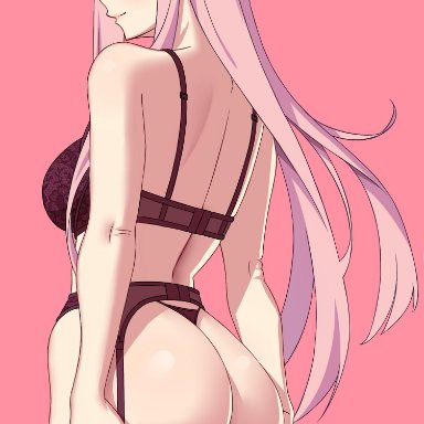 1girls, aqua eyes, ass, big ass, bra, danfer3, darling in the franxx, dat ass, female, garter belt, horns, lingerie, panties, pink hair, smile