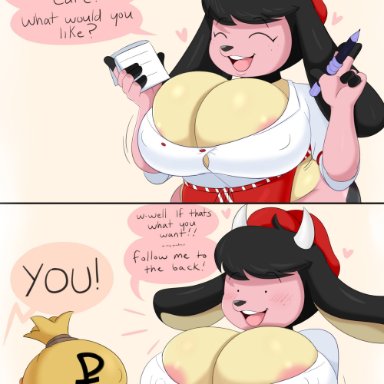 1girls, anthro, big breasts, breasts, cleavage, female, jinu, large breasts, miltank, pokemon, pokémon (species), pokemon cafe mix, speech bubble, text