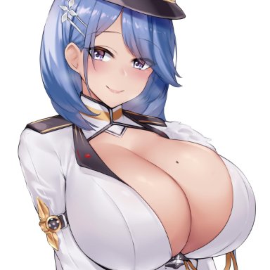 azur lane, bangs, blue hair, blush, body, breasts, chapayev (azur lane), cleavage, cleavage cutout, closed mouth, eyebrows visible through hair, female, female only, female solo, hair ornament