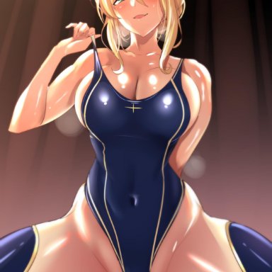 1boy, ahoge, artoria pendragon, artoria pendragon (lancer), bangs, bare shoulders, blonde hair, blue legwear, blue swimsuit, blush, breasts, bursting breasts, clavicle, cleavage, competition swimsuit