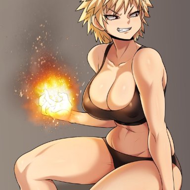 1girls, big breasts, blonde hair, breasts, cleavage, female, female only, genderswap, jmg, katsuki bakugou, large breasts, looking to the side, muscles, muscular, muscular female