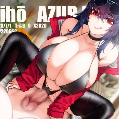 2girls, azur lane, bangs, bare shoulders, bikini, black bikini, black choker, black legwear, blurry, blurry background, breasts, choker, collarbone, commentary request, cowgirl position