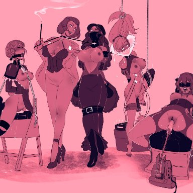 5girls, areolae, arms behind back, ball gag, bernadetta, bernadetta von varley, blindfold, bondage, bound, breasts, chains, cigarette, cigarette holder, cleavage, collar