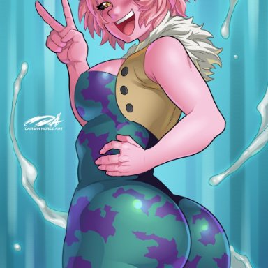 big breasts, black sclera, darkereve, female, female only, hero outfit(mha), mina ashido, my hero academia, nipples, nipples visible through clothing, pink hair, pink skin, short hair, solo, solo female