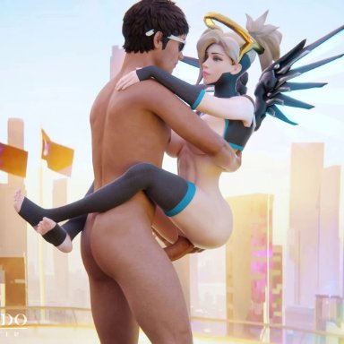 1boy, 1girl, 3d, animated, ass, big breasts, big penis, blizzard entertainment, blonde hair, breasts, city, different angles, feet, female, female penetrated