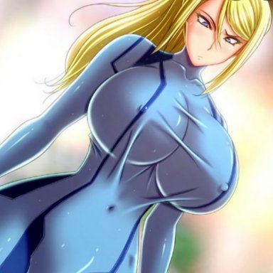 alternate breast size, artist request, big breasts, blonde hair, blue eyes, blurry background, collarbone, confused, highres, looking at own breasts, looking down, metroid, naval, nintendo, pokies