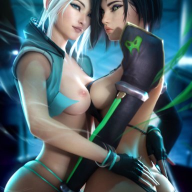 2girls, 3d, black hair, breasts, fingerless gloves, gloves, jett (valorant), nipples, riot games, sevenbees, valorant, viper (valorant), yuri