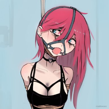 1girls, 2020, arms behind back, asphyxiation, ball gag, blue eyes, bondage, choker, cleavage, clothed, clothing, earrings, female, female focus, female only