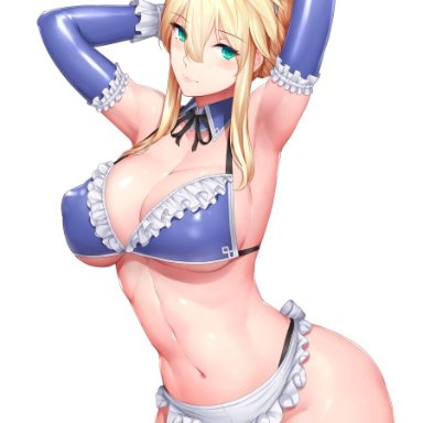 ahoge, apron, armpits, arms up, artoria pendragon, artoria pendragon (lancer), bikini, blonde hair, blue bikini, blue gloves, breasts, elbow gloves, fate (series), fate/grand order, female