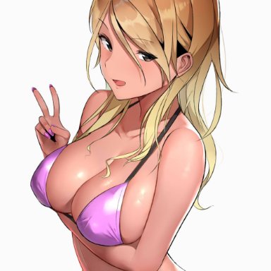 arm under breasts, bikini, blonde hair, breast hold, breasts, brown eyes, cleavage, cowboy shot, dark skin, dark-skinned female, earrings, female, fingernails, gyaru, halterneck