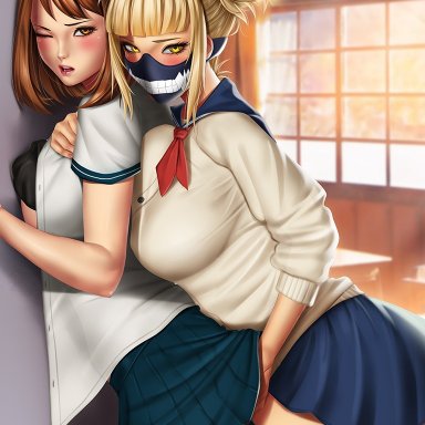 2girls, against wall, blonde hair, blush, bra, bra lift, breasts, brown eyes, brown hair, double bun, female, female only, hand under shirt, himiko toga, long hair