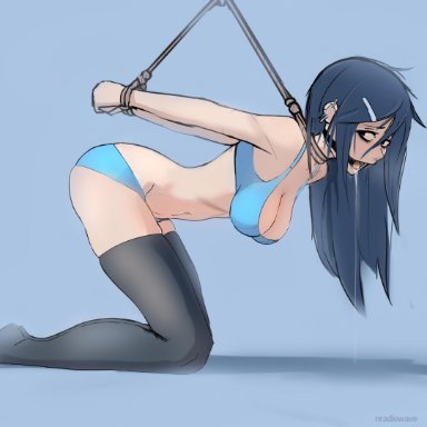 1girls, 2020, arms behind back, bending over, blue hair, bondage, bound, bound wrists, bra, clothed, clothing, drool, drooling, ear piercing, earrings
