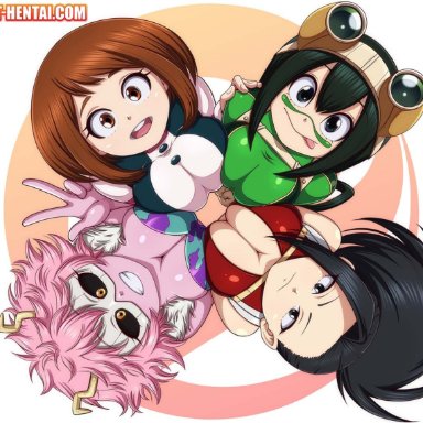 4:3, 4girls, big breasts, black eyes, black hair, black sclera, breast press, brown eyes, brown hair, cleavage, green hair, hero outfit(mha), horns, looking at viewer, looking up