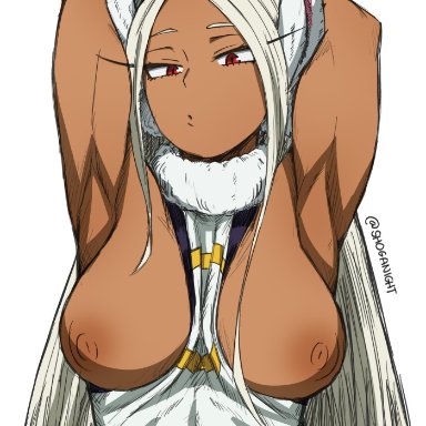 areolae, armpits, arms up, breasts, color, dark skin, dark-skinned female, female only, hero outfit(mha), long ears, long hair, looking at viewer, miruko, my hero academia, nipples