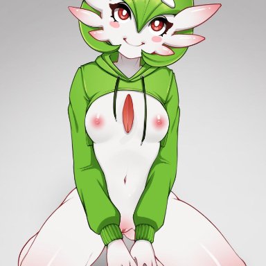 blush, breasts, clothes lift, functionally nude, gardevoir, gen 3 pokemon, green hoodie, highres, hood, hoodie, hoodie lift, humanization, looking at viewer, mostly nude, naked hoodie