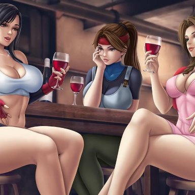 3girls, abs, aerith gainsborough, big breasts, black hair, breasts, brown eyes, brown hair, cleavage, drink, female, female only, final fantasy, final fantasy vii, final fantasy vii remake