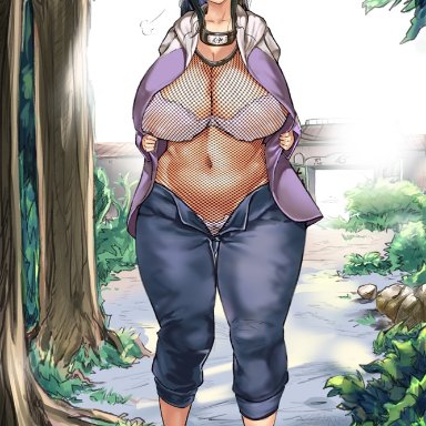 big breasts, breasts bigger than head, female, female only, hyuuga hinata, long hair, naruto, naruto shippuden, saint (artist), sandals, solo, solo female, solo focus, thick thighs