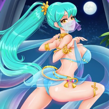 1girl, ass, ballerina, belly dancer, belly dancer outfit, big breasts, blue bra, blue hair, blue panties, blush, blushing, breasts, Delilah (Fapceo), Fapceo, female