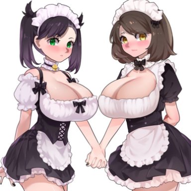 2girls, big breasts, black hair, black nails, brown hair, eye contact, gloria (pokemon), green eyes, huge breasts, human, large breasts, looking at viewer, maid, maid headdress, maid uniform