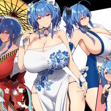 2girls, alternate costume, azur lane, barely contained, big breasts, blue hair, breast envy, breasts, cleavage, dress, fan, female, female only, flat chest, flat chested