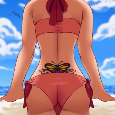 1girls, ass, beach, bikini, brown hair, clouds, enessef-uu, english text, hips, human, may (pokemon), nintendo, pokemon, pokemon rse, sky