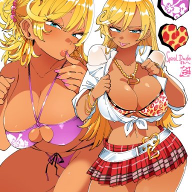 :p, 1girls, belt, big breasts, bikini, blonde hair, blue eyes, blush, bracelet, breasts, cleavage, dark skin, earrings, female, female only