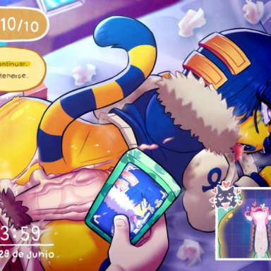 2020, after sex, ahe gao, animal crossing, ankha, anthro, ass, bed, blue eyes, blue hair, blush, bodily fluids, bottomless, cellphone, clothed