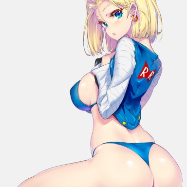 1girls, android 18, ass, bangs, bare legs, bare shoulders, barefoot, big ass, big breasts, blonde hair, blue bra, blue eyes, blue panties, blue underwear, blush