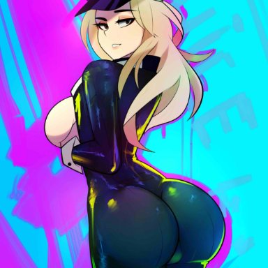 1girl, ass, big breasts, blonde hair, brown eyes, camie utsushimi, female, female only, hat, hero outfit(mha), long hair, looking at viewer, looking pleasured, my hero academia, postblue98