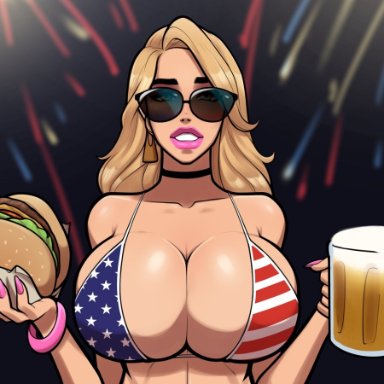 1girls, american flag bikini, big breasts, bikini, blonde, blonde hair, breasts, cleavage, female, female only, large breasts, long hair, mature female, milf, mother