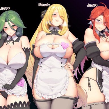 3girls, ahoge, alternate costume, apron, bangs, black gloves, black legwear, black panties, black underwear, blonde hair, blush, breasts, breath, cheryl (pokemon), cleavage