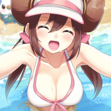 1girls, 2019, armpits, bangs, bare shoulders, beach, bikini, bikini top, blurry, blurry background, blush, breasts, brown hair, bubble, cleavage