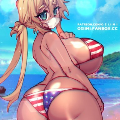 american flag bikini, back, beach, big ass, big breasts, big butt, bikini, blonde hair, curvy, dark skin, dark-skinned female, facemask, huge ass, huge breasts, looking back