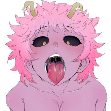 ahe gao, awaiting, black sclera, horns, mina ashido, mouth shot, my hero academia, open mouth, pink hair, pink skin, saliva, wakimunten, yellow eyes