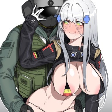 :q, 1boy, 1girls, areola slip, areolae, ass visible through thighs, bikini, black gloves, blush, breasts, bulletproof vest, cleavage, crossover, facial mark, female