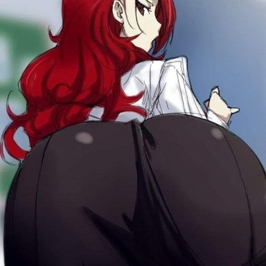 artist request, ass, bent over, big ass, clothed, clothing, huge ass, looking at viewer, looking back, mitsuru kirijo, open mouth, persona, persona 3, red hair, skirt