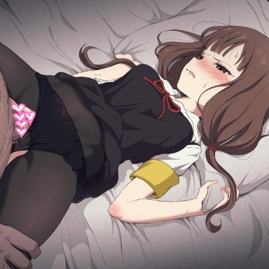 1boy, bed sheet, black dress, black legwear, black panties, blush, breasts, brown hair, censored, clothed female nude male, clothed sex, commentary request, dark-skinned male, dress, female