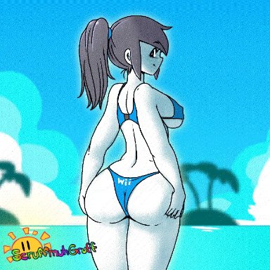 animated, beach, bikini, detailed background, female, looking at viewer, nintendo, scruffmuhgruff, solo, solo female, wii fit trainer