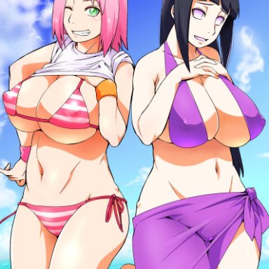 2girls, big breasts, bikini, blue hair, female only, green eyes, hourglass figure, hyuuga hinata, lavender eyes, naruto, naruto shippuden, nipples, nipples visible through clothing, pink hair, sakura haruno