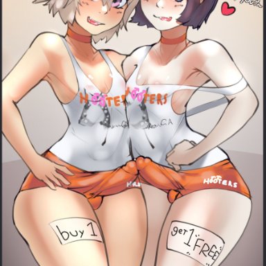 2boys, bulge, choker, english text, erection, erection under clothes, femboy, femboy hooters, girly, heart, looking at viewer, male, male only, nelody, short shorts