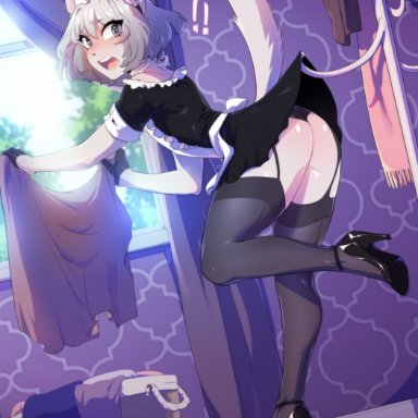 1boy, animal ears, ass, enjoipandas, femboy, girly, high heels, maid, maid uniform, male, male only, open mouth, solo, stockings, surprised