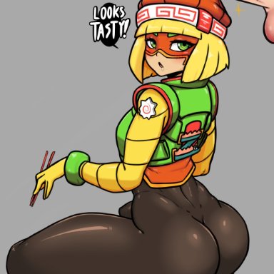 1boy, 1girls, arms (game), ass, balls, big ass, big penis, black leggings, blonde hair, bwc, green eyes, hat, huge thighs, large ass, large penis