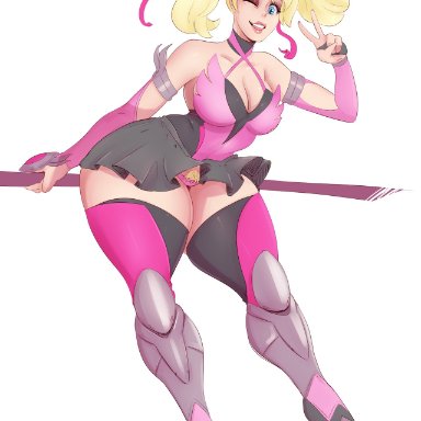 ;), activision, alternate costume, blizzard entertainment, blonde hair, blonde pubic hair, bridal gauntlets, cleavage, high heels, mercy, overwatch, peace sign, pink mercy, pubic hair, pubic hair peek