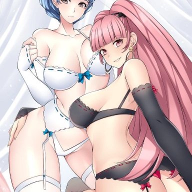 2girls, ass, back, bare thighs, bedroom, big ass, big breasts, black lingerie, black underwear, blue hair, earrings, female only, fire emblem, fire emblem: three houses, grey eyes