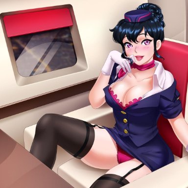 1girl, airplane, airplane interior, big breasts, black hair, black stockings, blush, blushing, bra, bra peek, Charlotte (Fapceo), Fapceo, female, female only, gloves