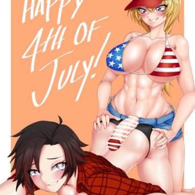 1futa, 1girls, 4th of july, abs, america, american flag bikini, big breasts, big penis, blonde hair, blush, breasts, busty, censored, cleavage, clothing