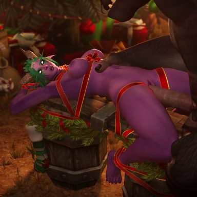 1boy, 1girls, 3d, animated, belly bulge, blizzard entertainment, bouncing breasts, bulge, christmas, green hair, interspecies, liard, night elf, no sound, rape