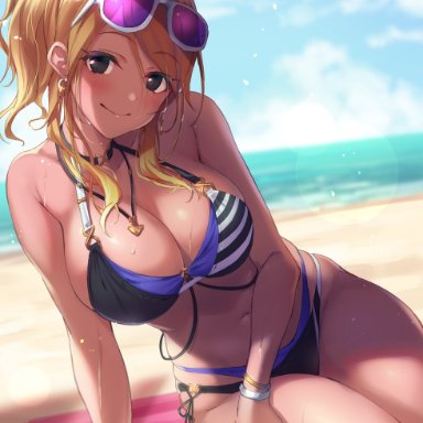 1girls, bangs, bare shoulders, beach, big breasts, bikini, black bikini, black eyes, blonde hair, blue bikini, blue sky, blush, bracelet, breasts, brown hair