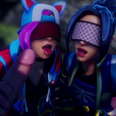 2boys, 2girls, 3d, animated, armour, blindfolded, cap, clothed, cum, cum on body, cum on face, cumming, female, fortnite, handjob