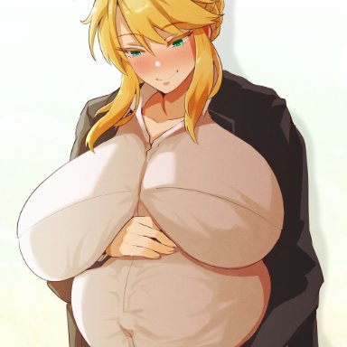 41 (taskmaster41), artoria pendragon (all), artoria pendragon (lancer), black coat, black pants, blonde hair, blushing, braid, coat, fate (series), fate/grand order, female, hair between eyes, holding stomach, huge belly